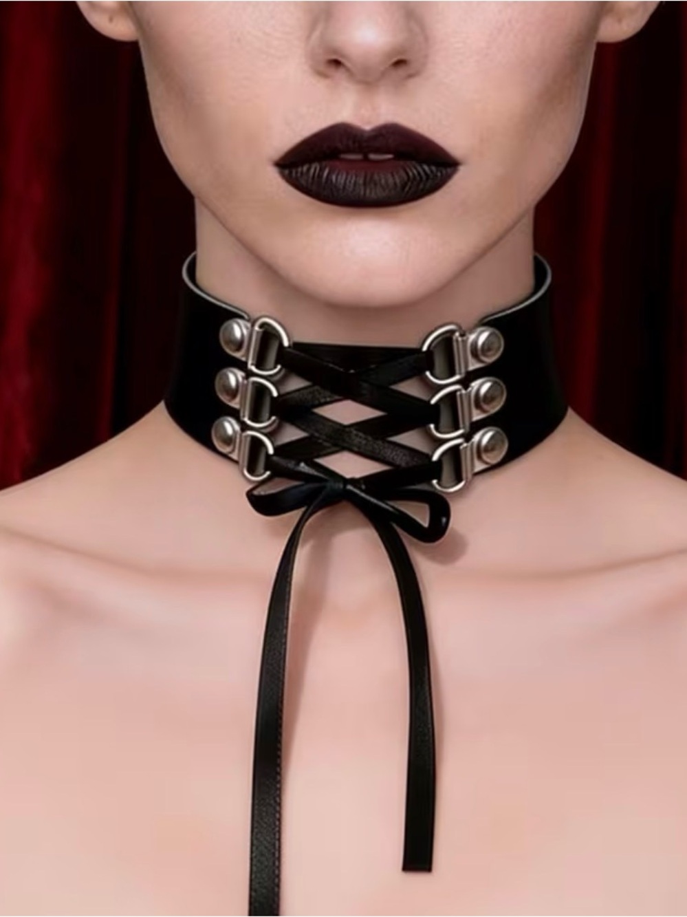 Black Faux Leather Lace-Up Gothic Choker Necklace